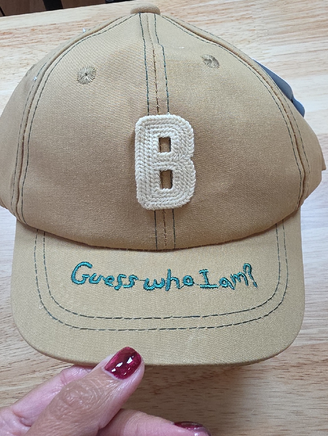 Kids Tan Baseball Cap With Embroidered 'B' And Teal Script 2-6 Y